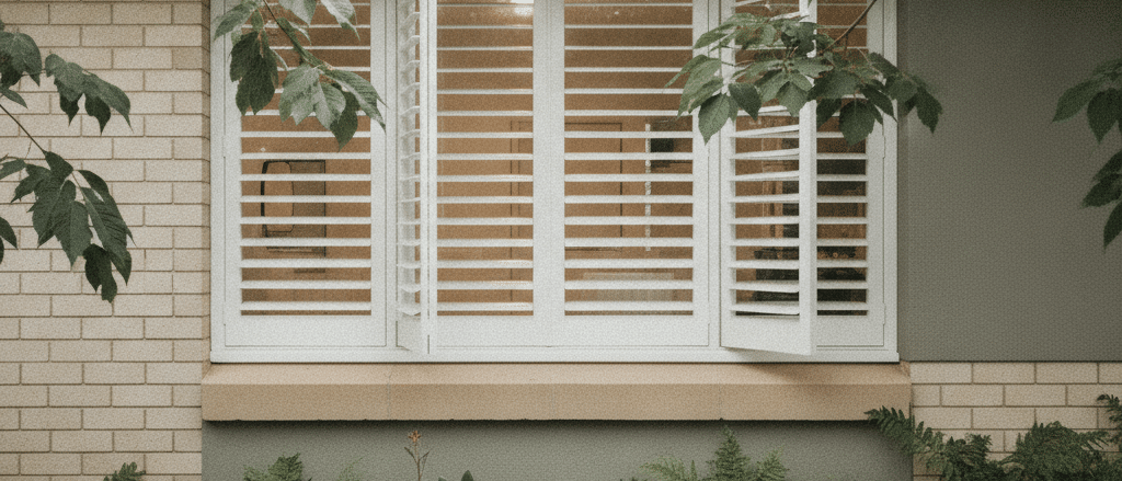 Plantation shutters in a bathroom window suburban home in Sydney