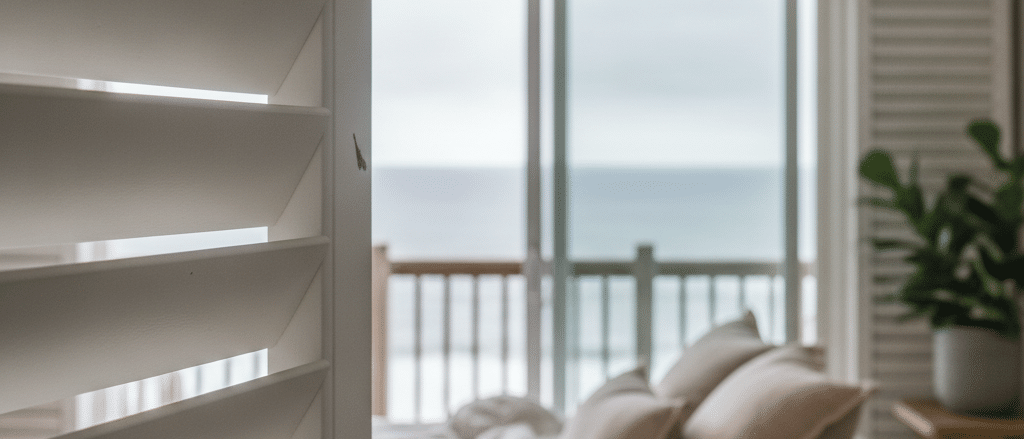 Plantation shutters in a bedroom in ocean front house no actors