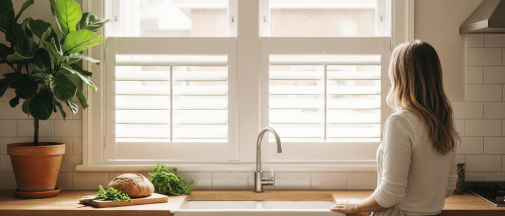 Plantation shutters in a kitchen window Sydney home