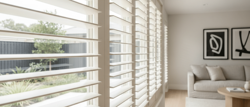 Renovated Sydney home with custom painted shutters selected to match interior design finishes, modern neutral palette,
