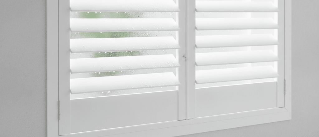 Waterproof shutters fitted over a frosted bathroom window