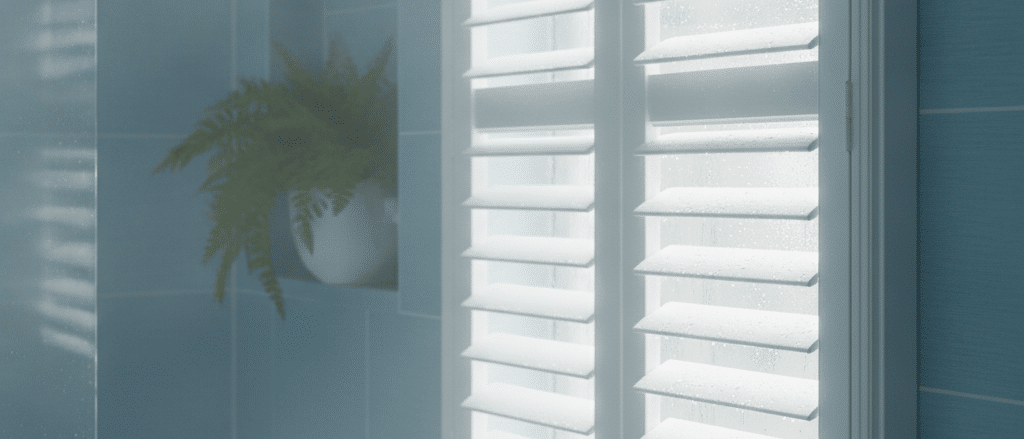 Waterproof shutters in a humid bathroom with tiled walls