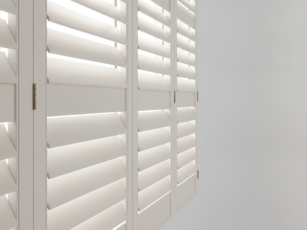 White plantation shutter louvres and neutral finish