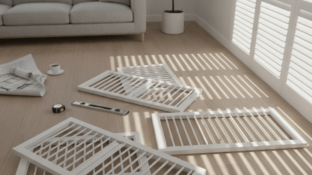 White plantation shutters in a Sydney living room